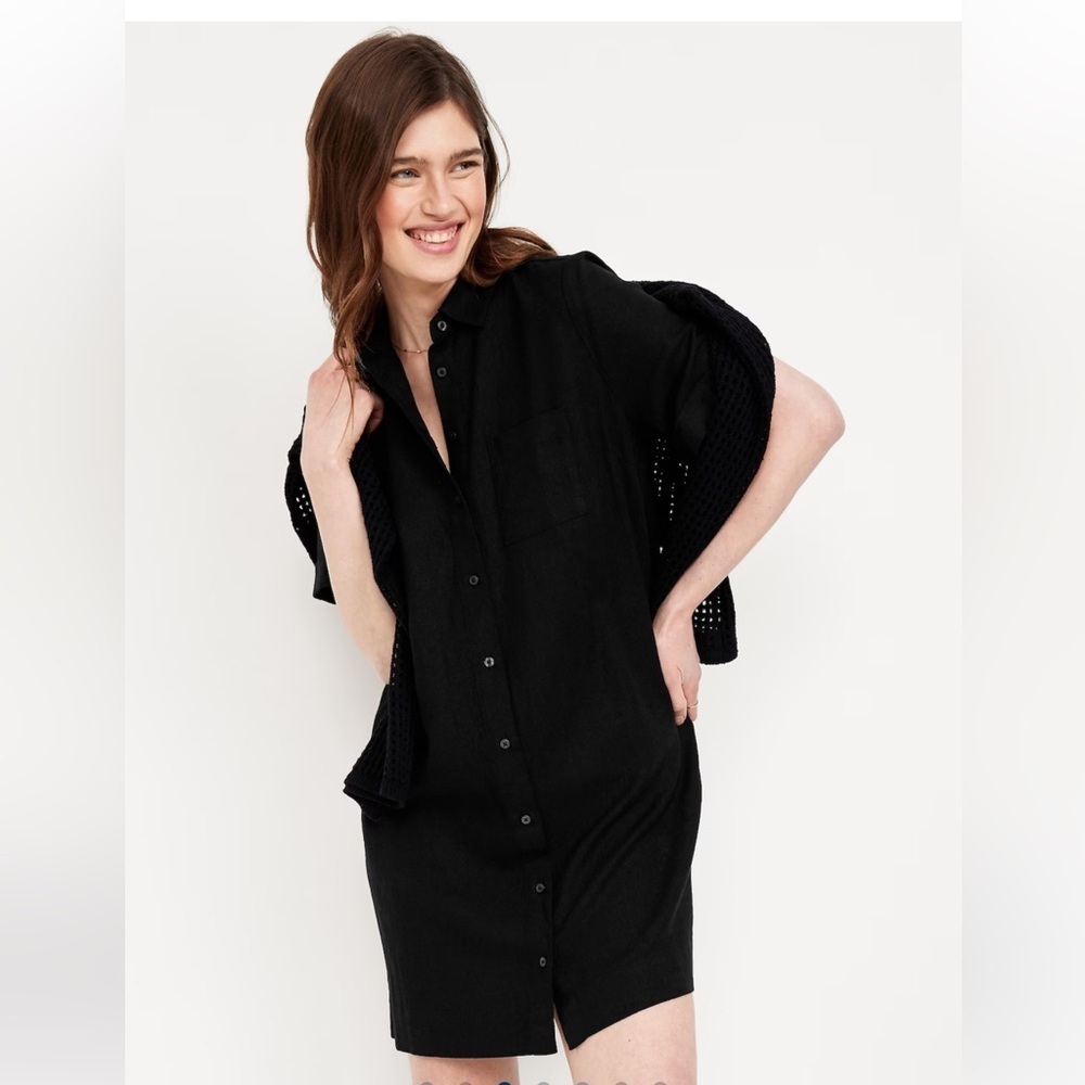 Old Navy Women’s Linen-Blend Dress Button-Down Midi Black Short Sleeve Size M - Picture 4 of 7